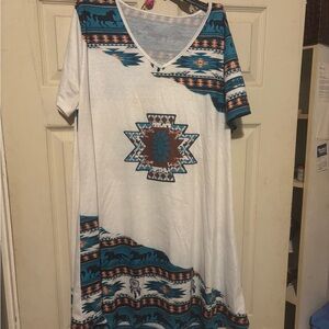 White and Blue Aztec Print Dress